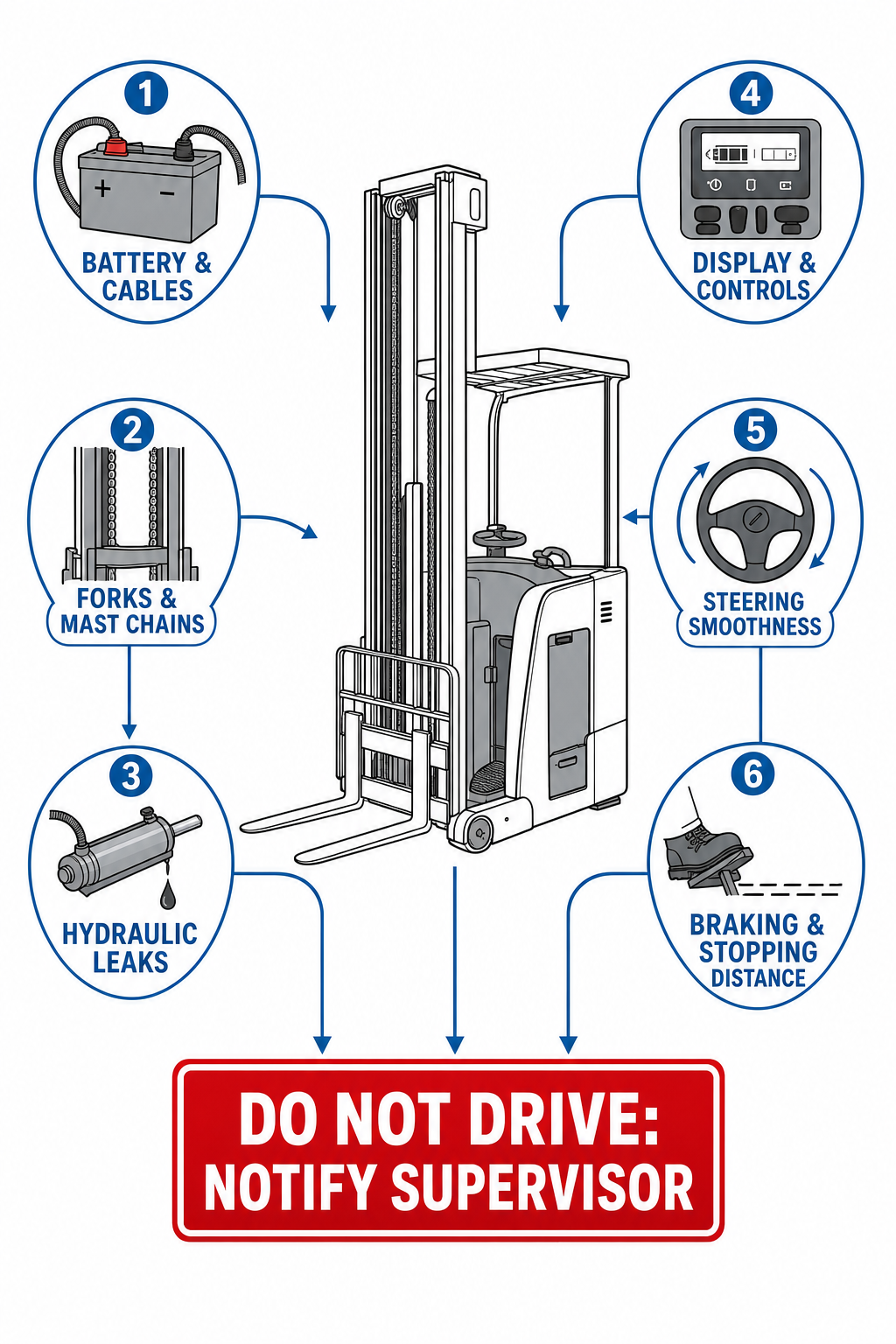 Editorial technical diagram showing Crown RR 5700 stand-up reach truck daily safety check points leading to a mandatory do-not-drive and notify-supervisor boundary.
