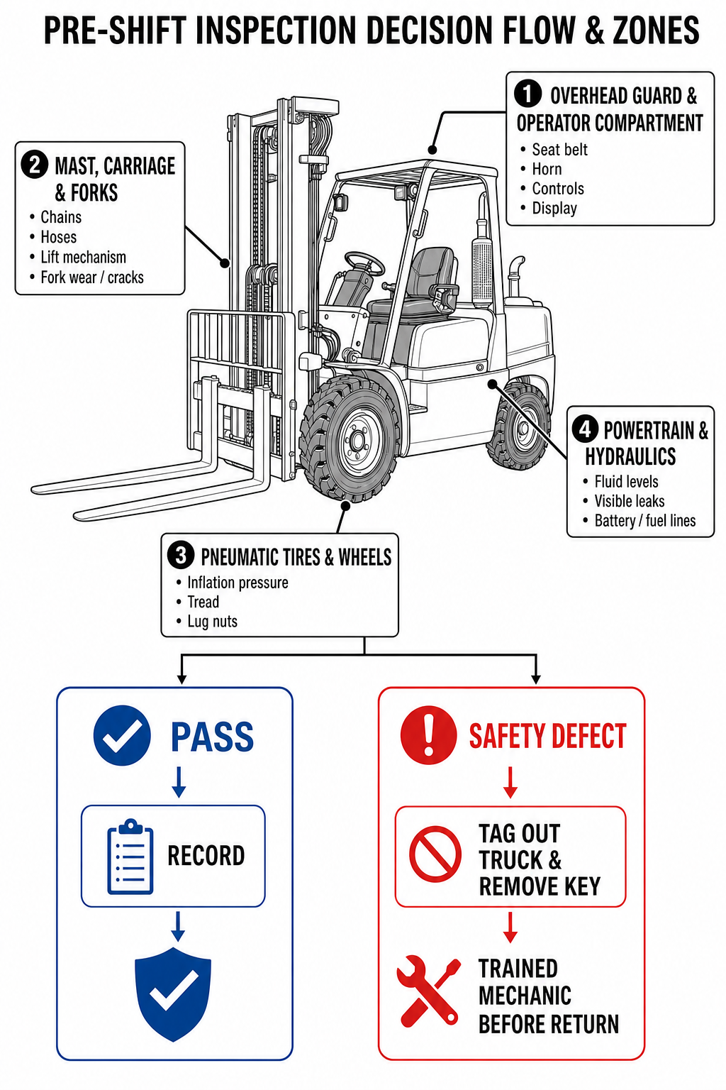 Brandless editorial technical diagram showing pneumatic counterbalance forklift inspection zones and defect tag-out workflow