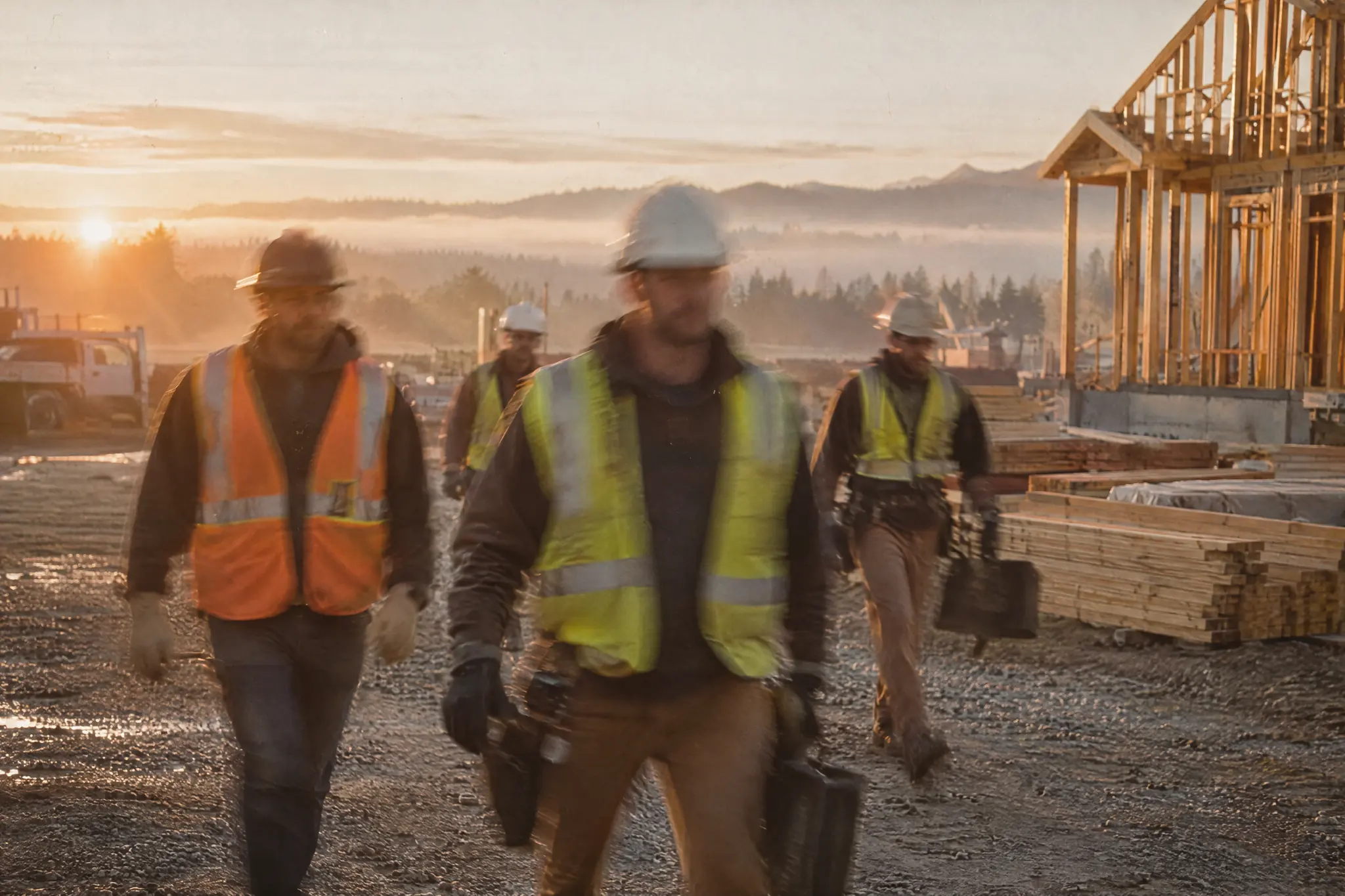 A crew in hi-vis crossing a job site at sunrise