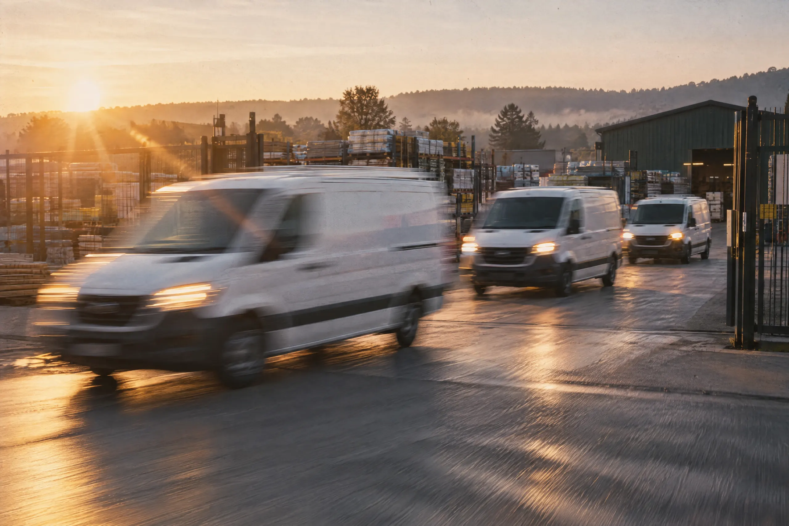 Three service vans leaving a yard at dawn