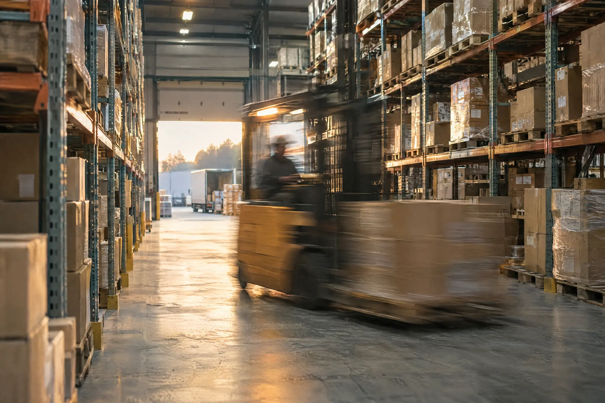 A forklift moving through a parts warehouse