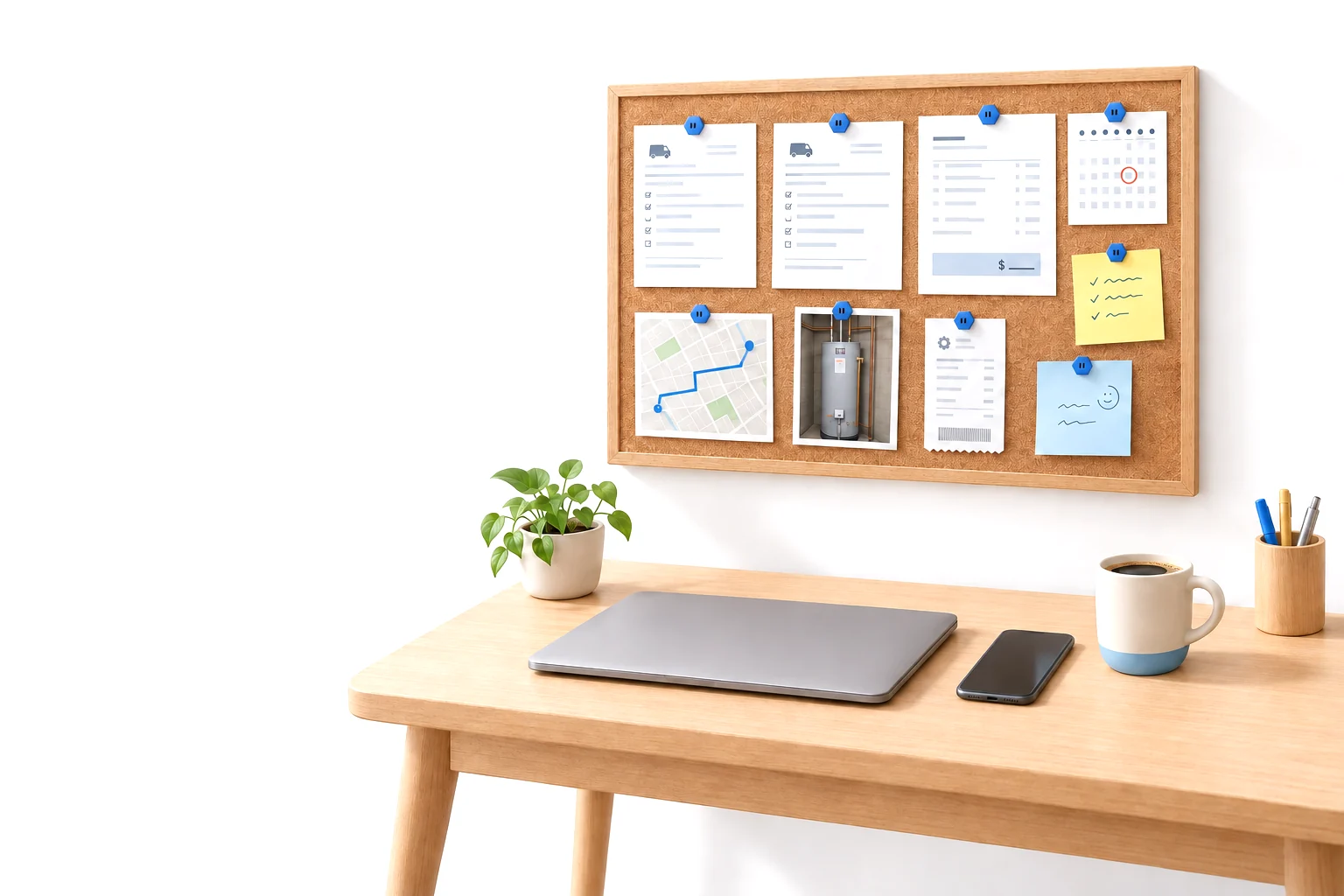A desk under a pin board of job tickets, an invoice, a calendar, a route map and sticky notes